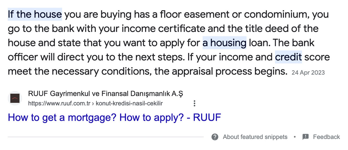 Featured snippet for "How to get a mortgage" query (translated)